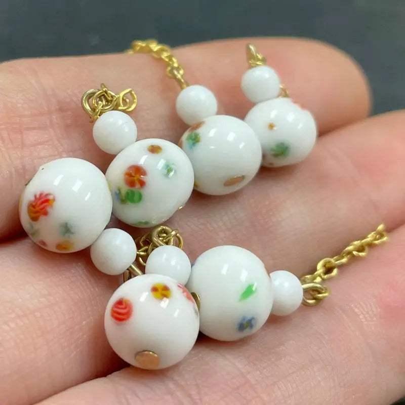 6 Vintage White Millefiori Japan Drop Glass Charms - Sea Beads