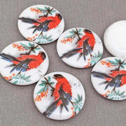 6 Vintage White Round Bird Glass Cabochons - Sea Beads