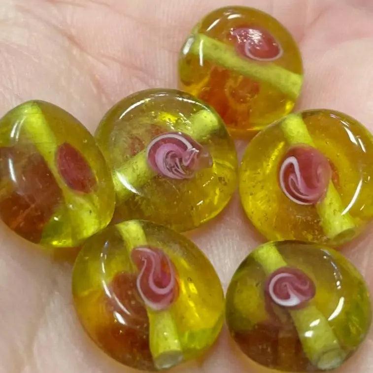 6 Vintage Yellow Golden Rose Lampwork Coin Glass Beads - Sea Beads