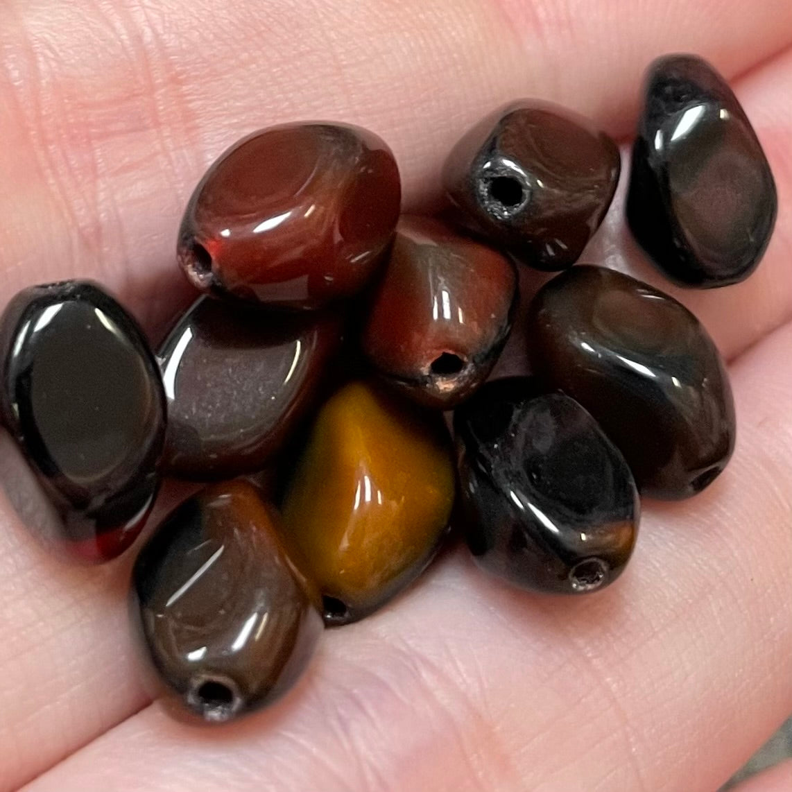 10 Vintage Orange Sienna Black Givre German Oval Glass Beads