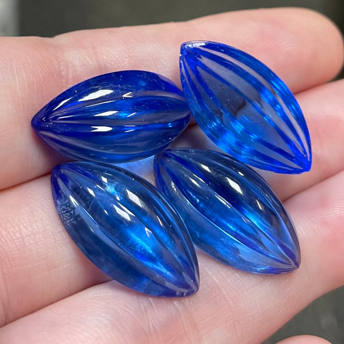 4 Vintage Blue Sapphire Marquise Corrugated Glass Cabochons