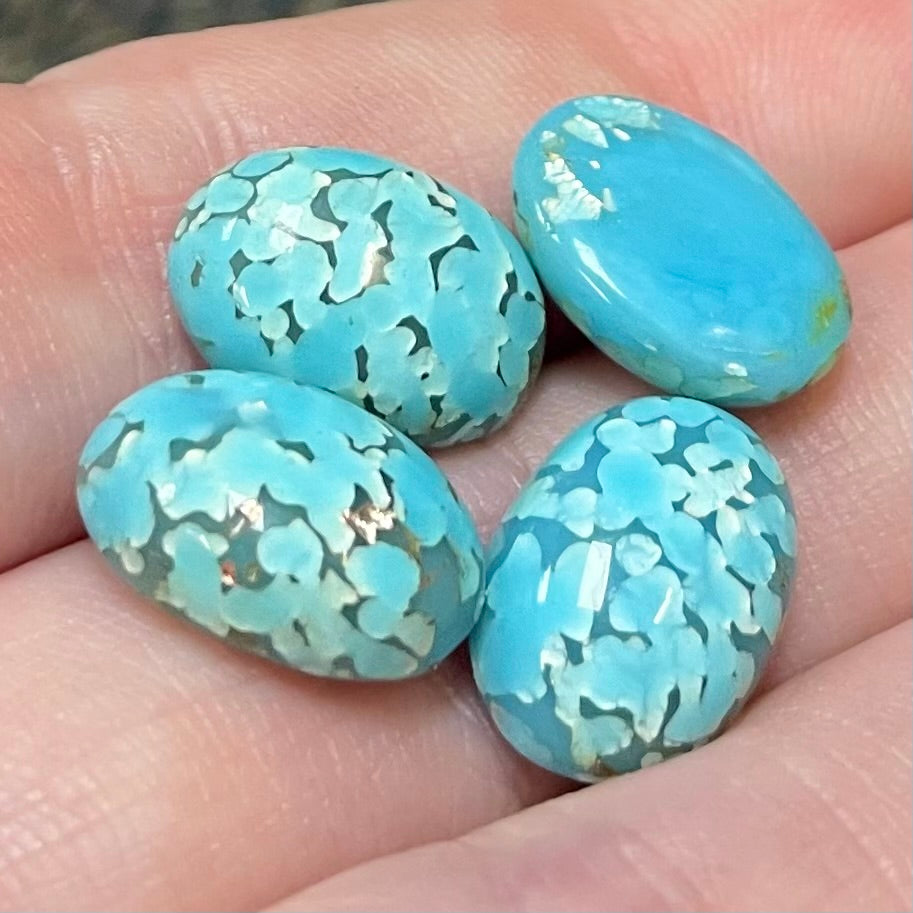 4 Vintage Blue Turquoise Japan Oval Glass Cabochons