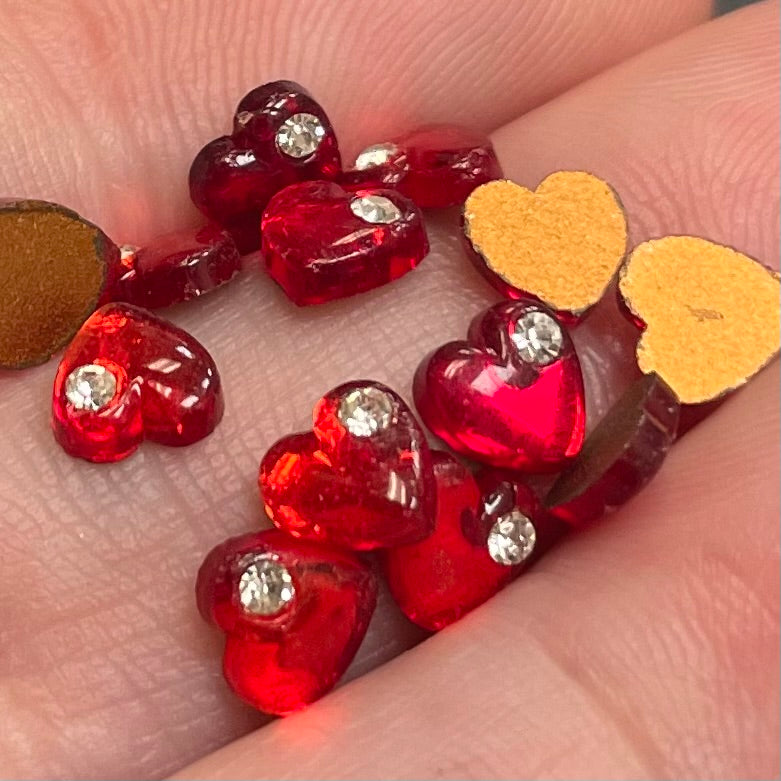 50 Vintage Red Heart Rhinestone Tiny Glass Cabochons