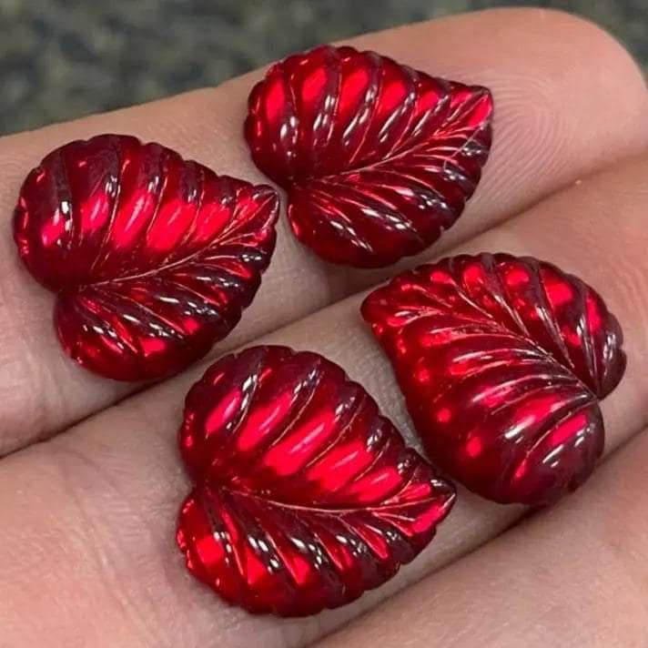 4 Vintage Red German Heart Leaf Glass Cabochons