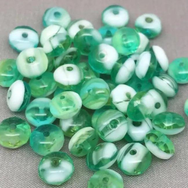 50 Green White Czech Rondelle Glass Beads