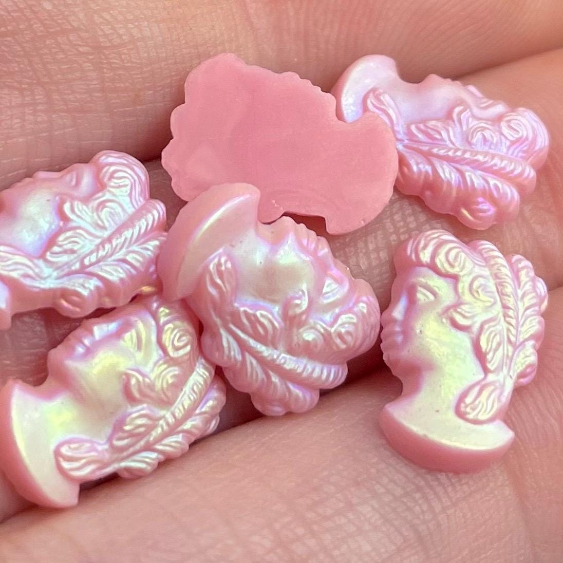 6 Vintage AB Pink Cameo Glass Cabochons