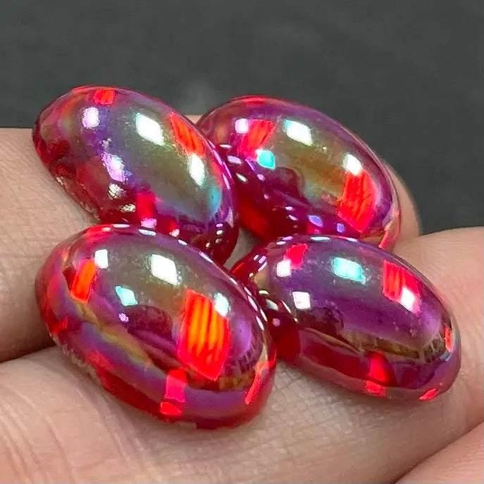 4 Vintage Red Siam AB Oval Glass Cabochons