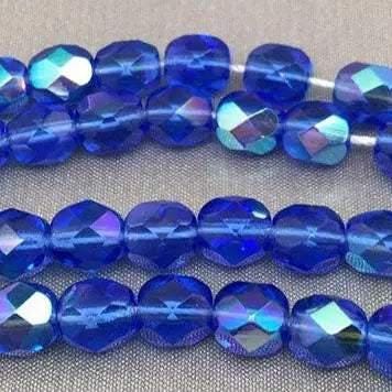 50 Blue Sapphire AB Czech Glass Beads Fire Polished