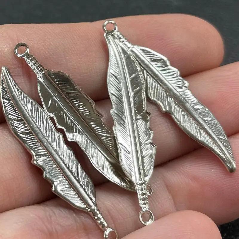 4 Vintage Silver Plated Feather Metal Pendants