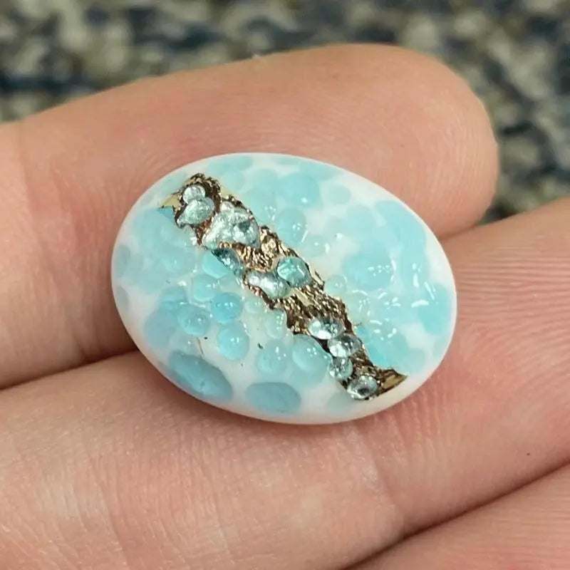 1 Vintage Blue Aqua White Japan Sugar Foil Oval Glass Stone