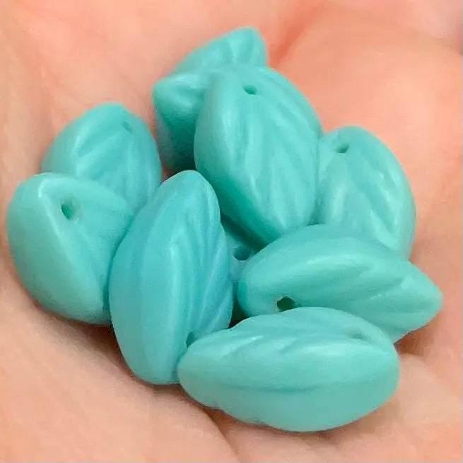 10 Vintage Matte Teal Aqua German Leaf Glass Beads
