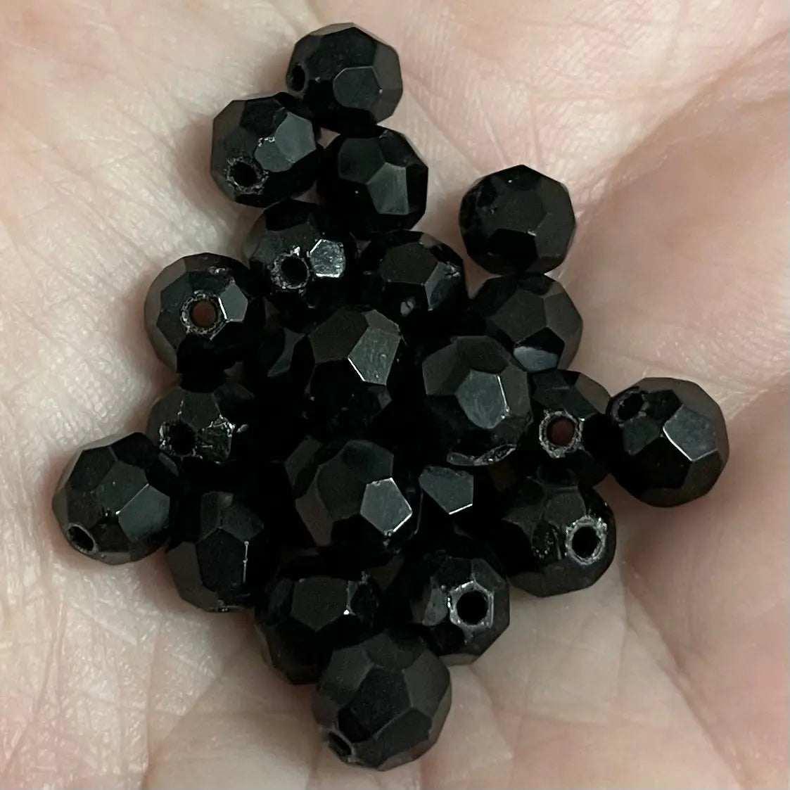 24 Vintage Black Faceted Glass Beads