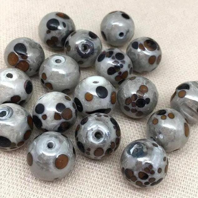 10 Vintage Brown Grey Mottled Round Glass Beads