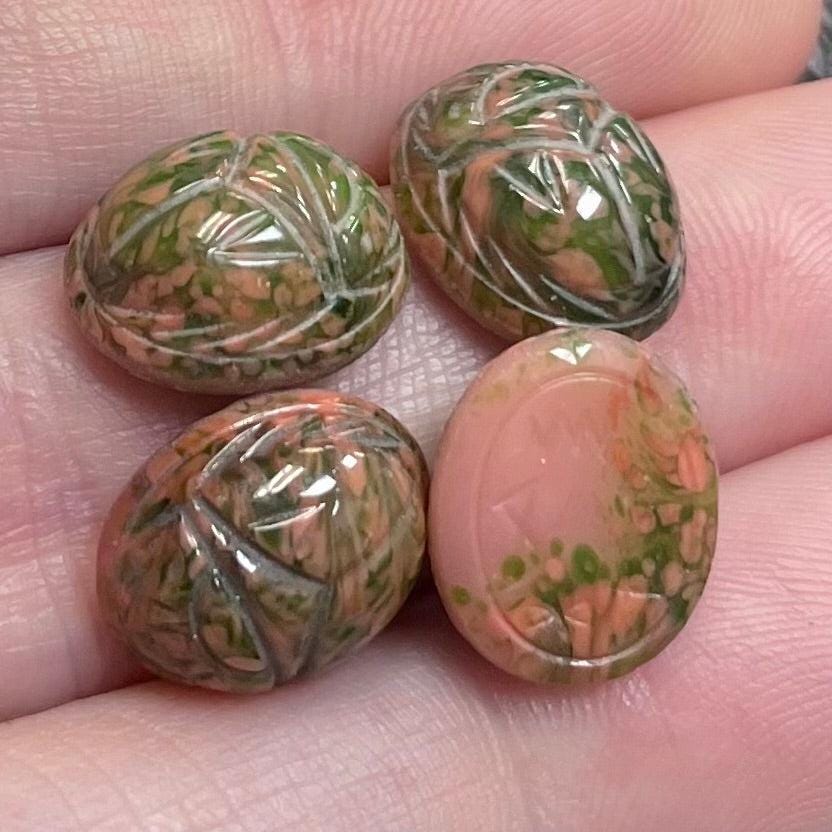 4 Vintage Pink Mossy Scarab Oval Glass Cabochons