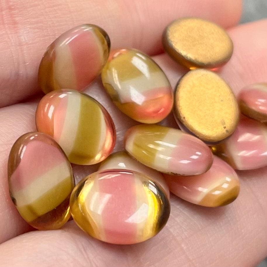 12 Vintage Pink Striped Oval Glass Cabochons