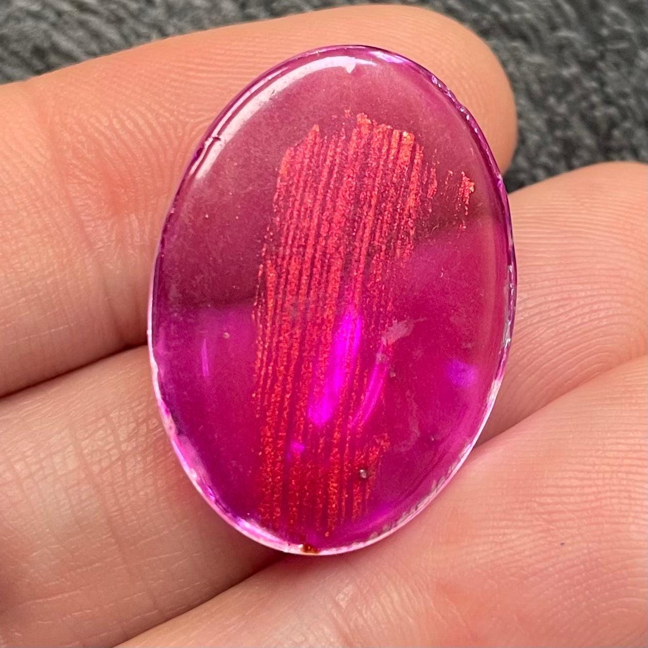 1 Vintage Pink Fuschia Metallic Oval Glass Cabochon