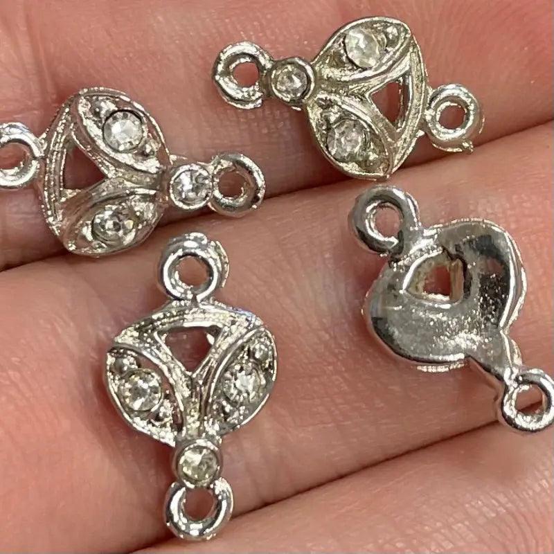 4 Vintage Silver Plated Rhinestone Connector Links