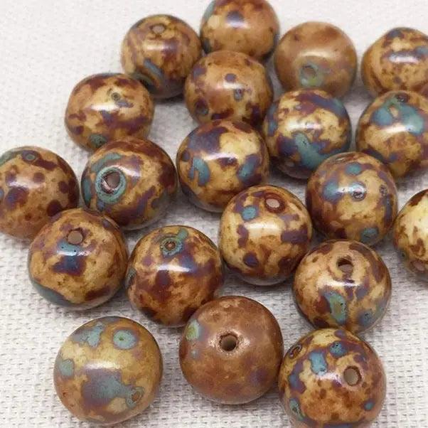 10 Golden Brown Picasso Czech Round Glass Beads