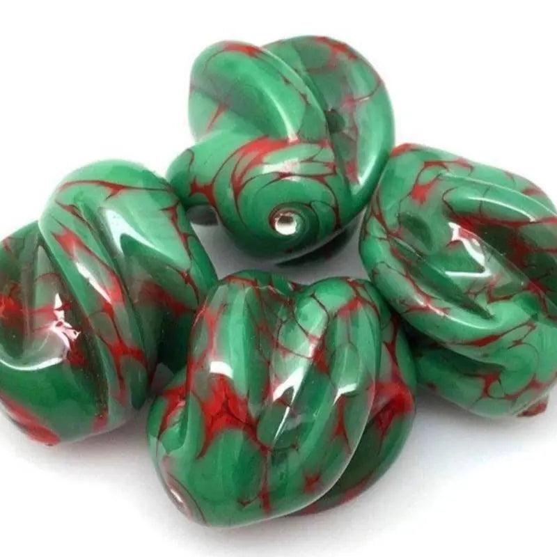 1 Vintage Green Red Italian Glass Bead
