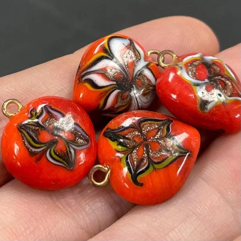 4 Vintage Orange Dark Floral Heart Glass Charms