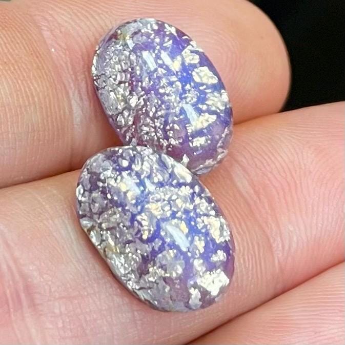 4 Vintage Purple Lavender Foil Japan Oval Glass Cabochons