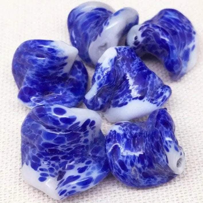 6 Vintage Blue Cobalt White Mottled Wavy Glass Beads