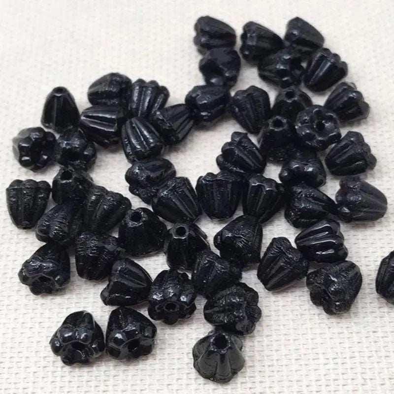 25 Vintage Black German Pressed Flower Glass Beads
