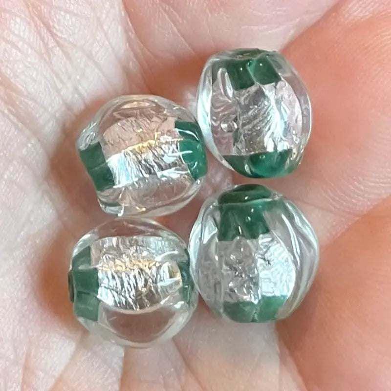 4 Vintage Green Silver Foil Japan Glass Beads