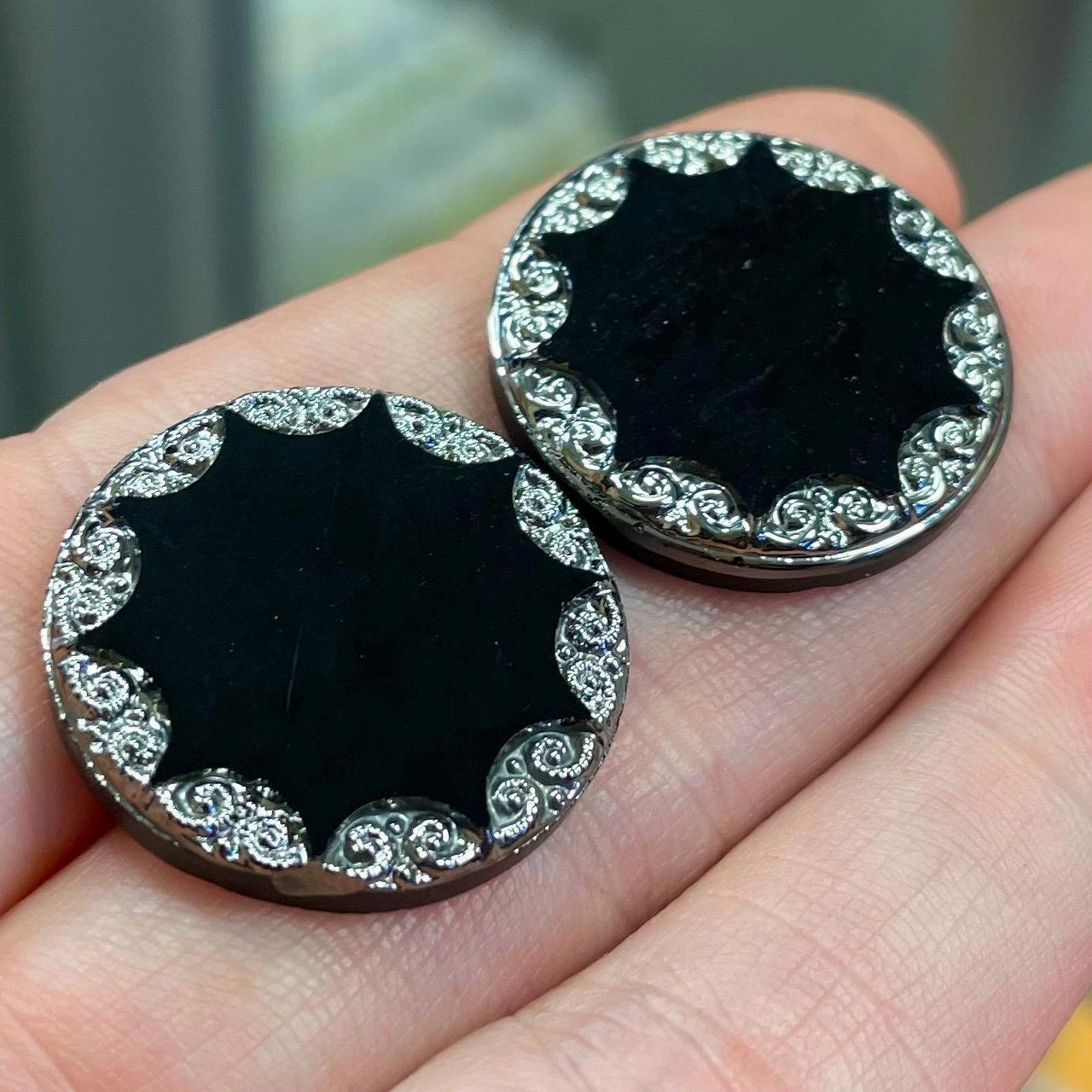 2 Vintage Black German Marcasite Round Glass Cabochons