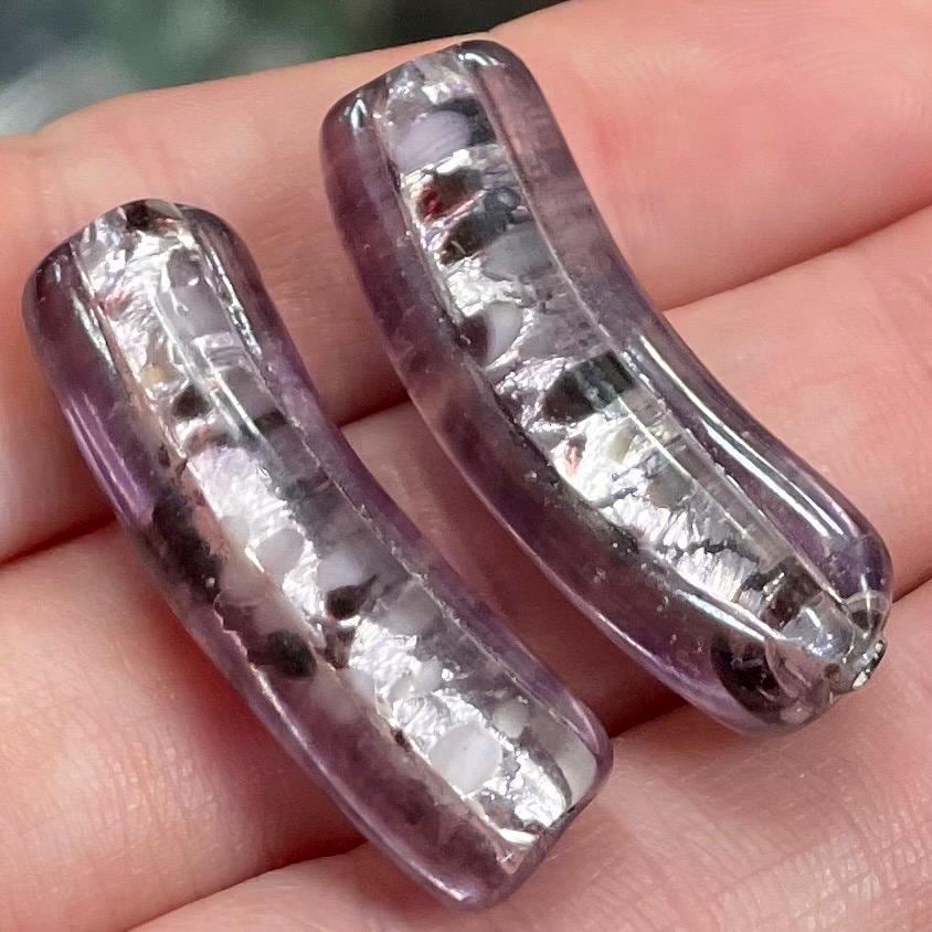2 Vintage Purple Japan Foil Elbow Glass Beads
