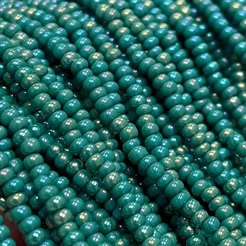 1 Hank Green Dark AB Opaque Czech Glass Seed Beads