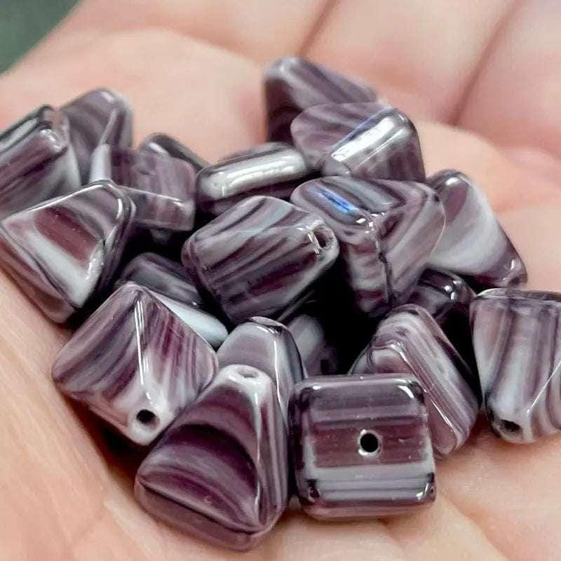 25 Vintage Purple Striped Pyramid Glass Beads