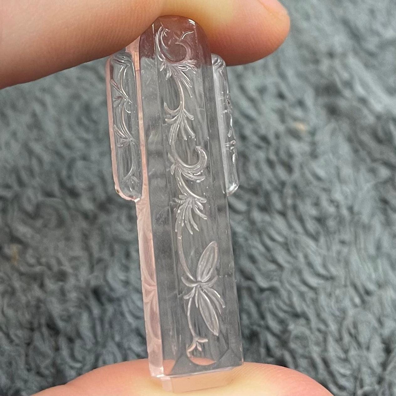 1 Vintage Pink Etched Deco Glass Cabochon