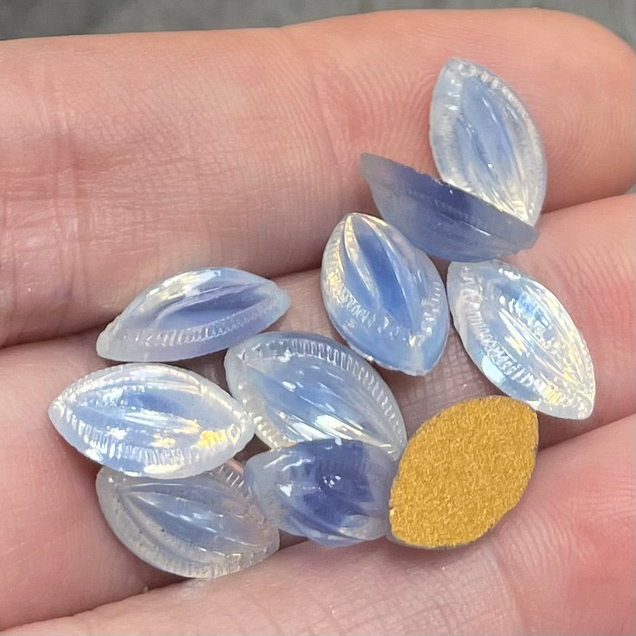 10 Vintage Blue White German Navette Opal Glass Cabochons