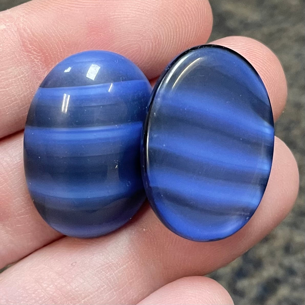 2 Vintage Blue Czech Striped Oval Glass Cabochons