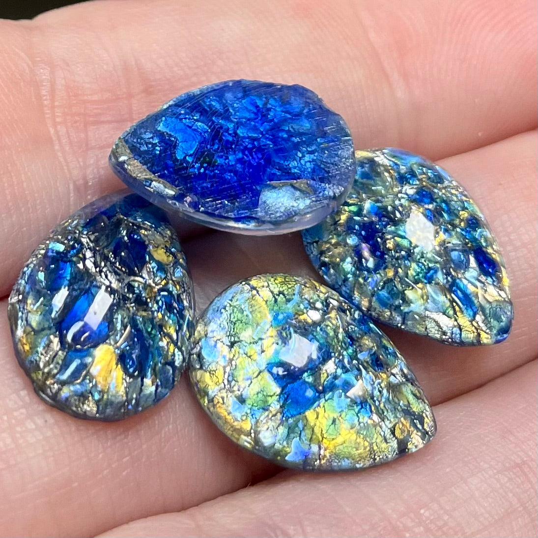 4 Vintage Blue Japan Foil Pear Glass Cabochons