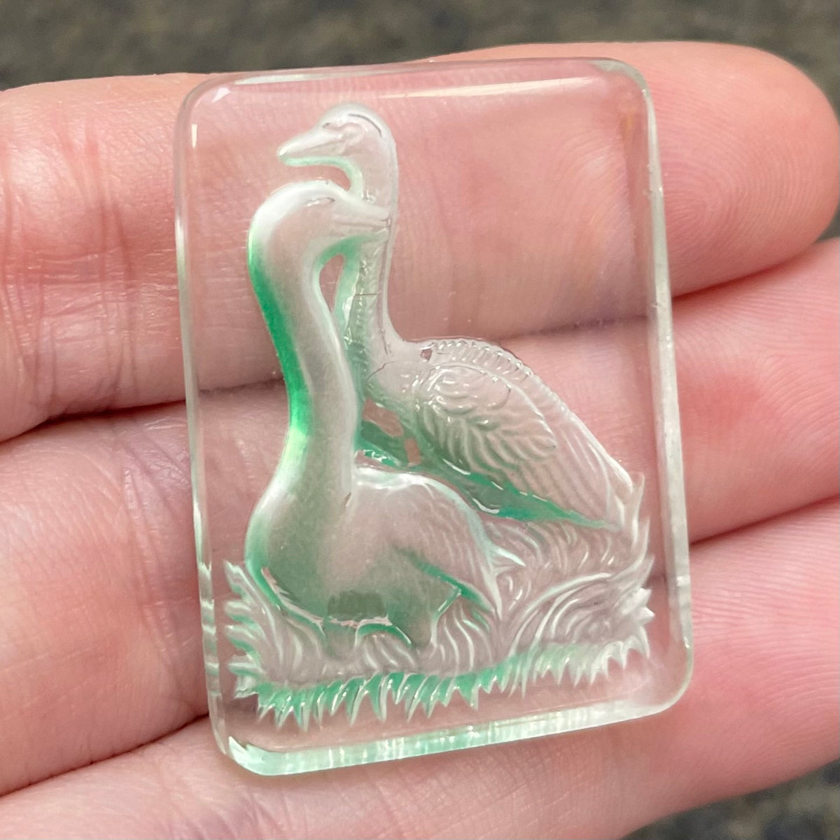 1 Vintage Green Two Swans Intaglio Glass Stone