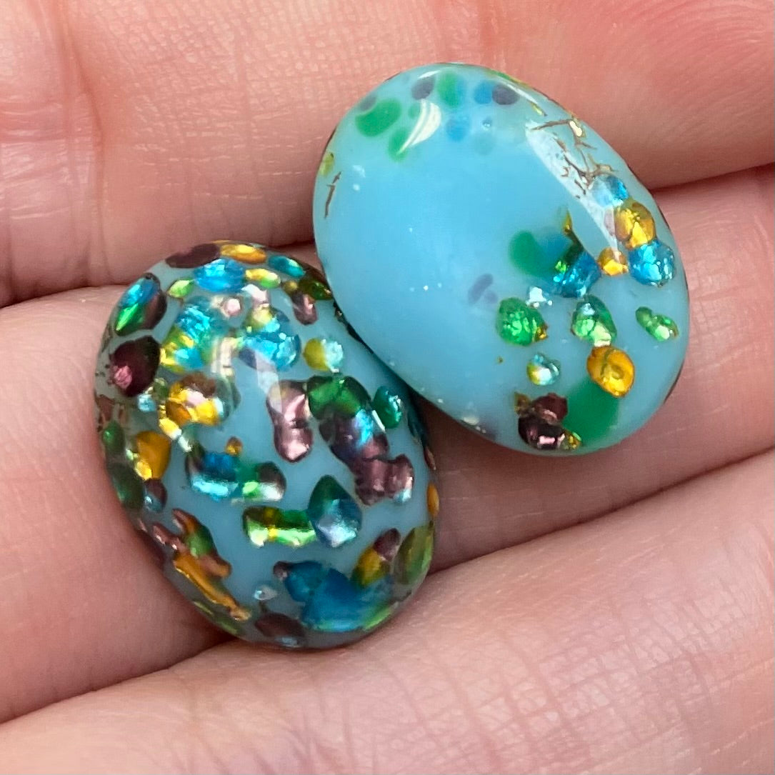 2 Vintage Blue Turquoise Japan Foil Oval Glass Cabochons 17mm