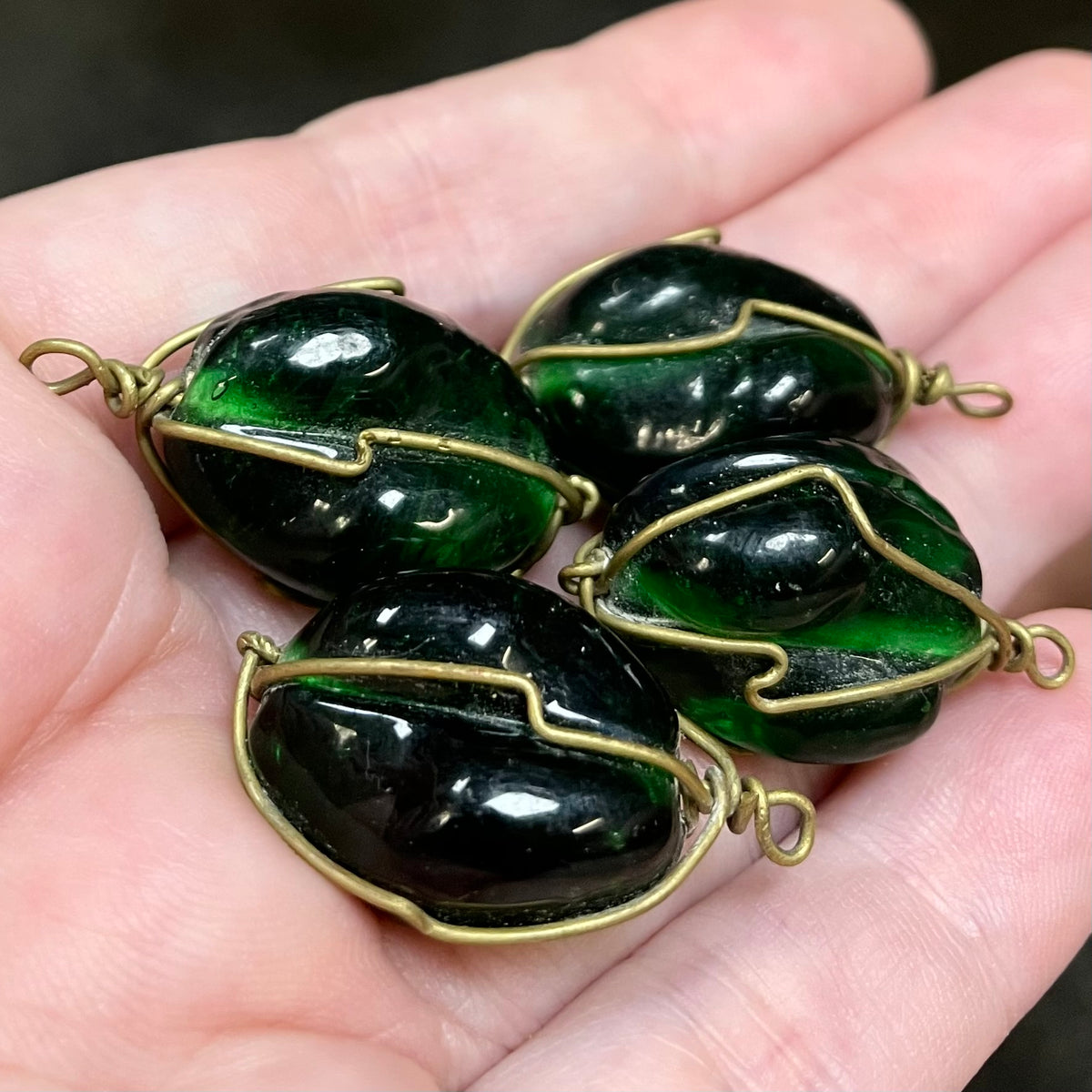 4 Vintage Green Wire Wrapped Glass Connectors