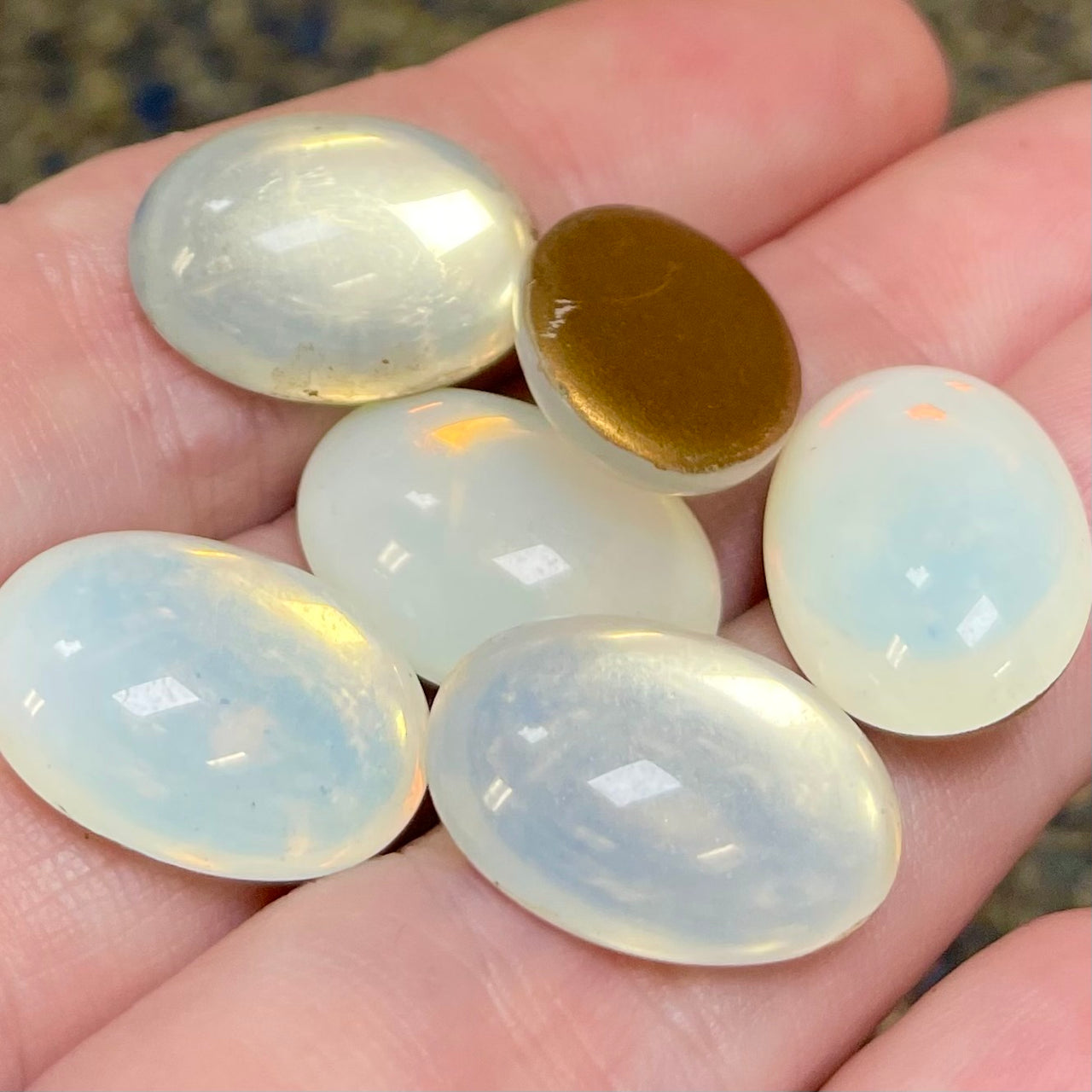 6 Vintage White Opal Oval Glass Cabochons 18mm