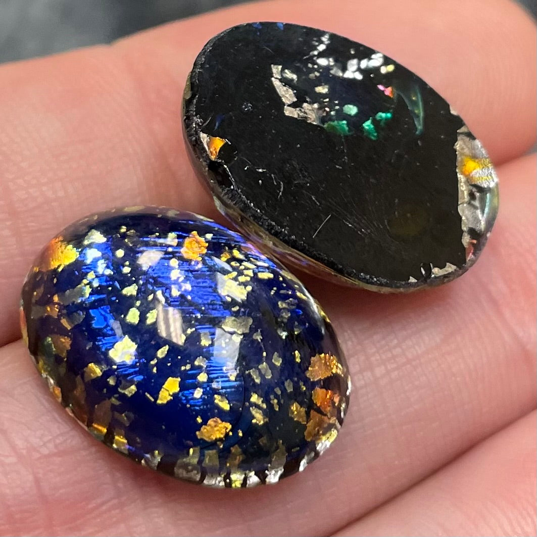 2 Vintage Black Japan Foil Oval Glass Cabochons