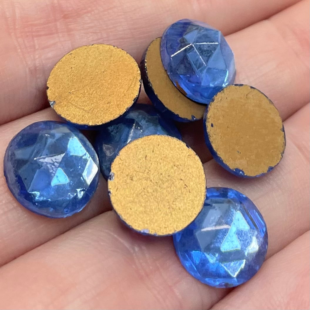 10 Vintage Blue Sapphire Faceted Round Glass Cabochons