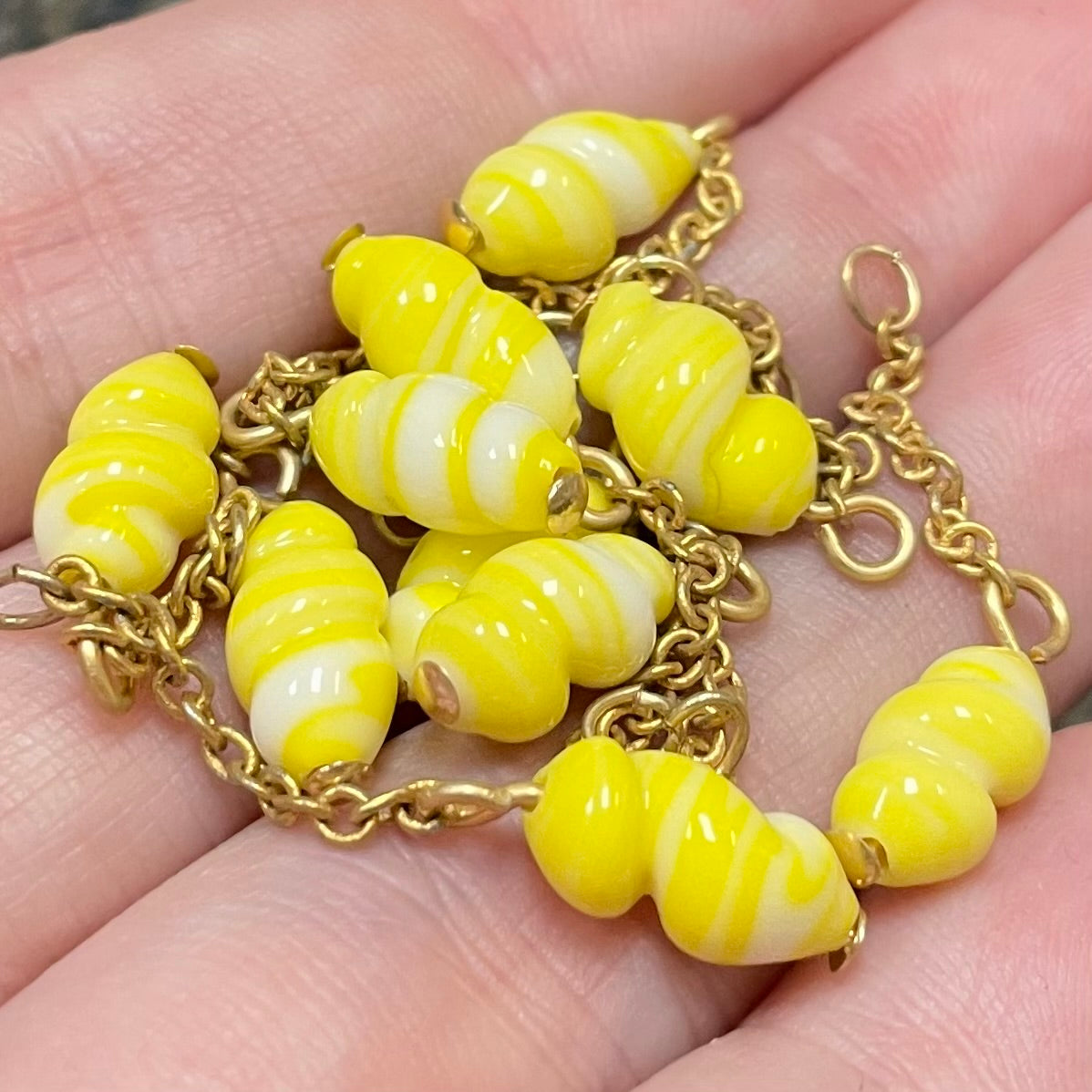 10 Vintage Japan Yellow Oval Twist Cham Glass Beads #3237