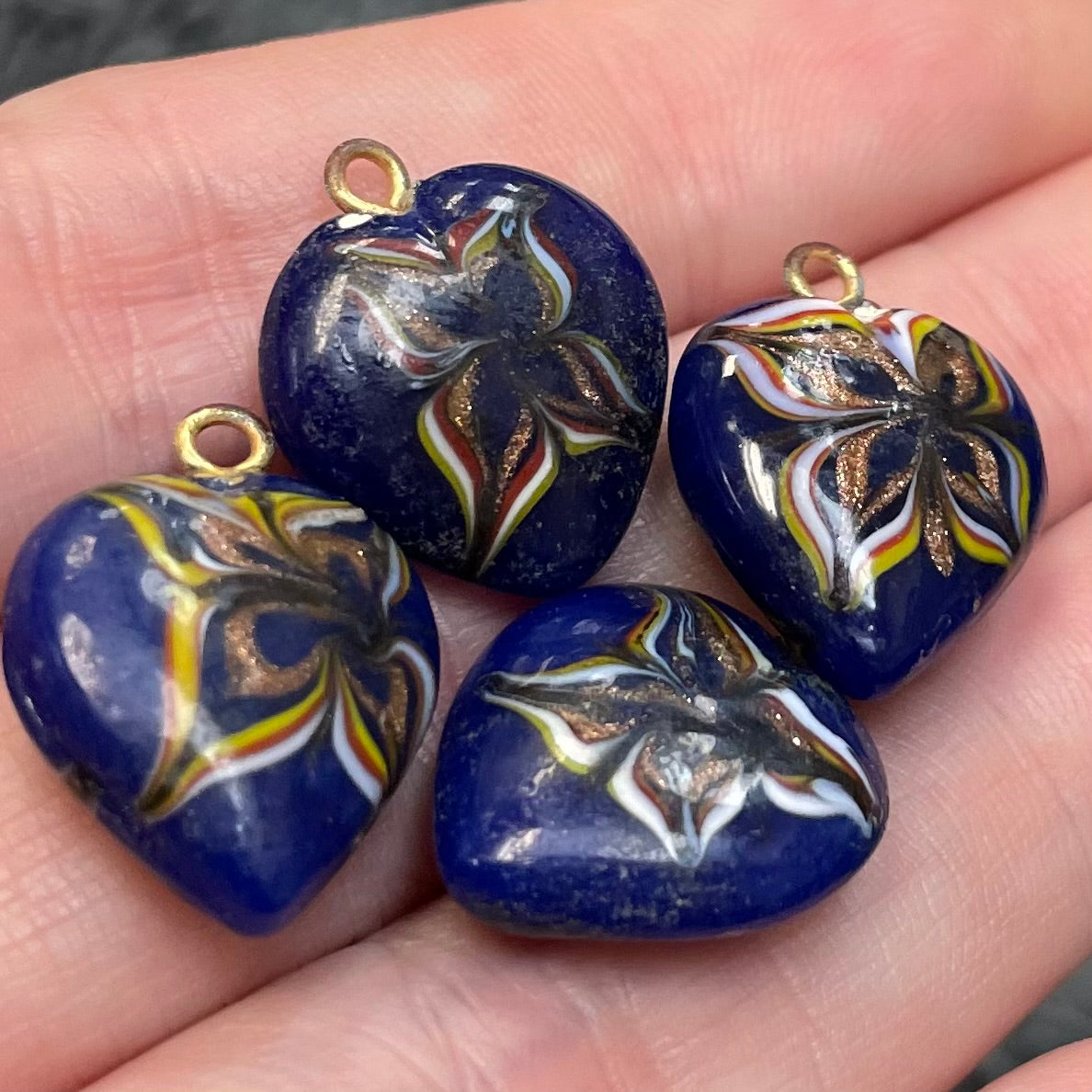 4 Vintage Blue Floral Heart Glass Pendants