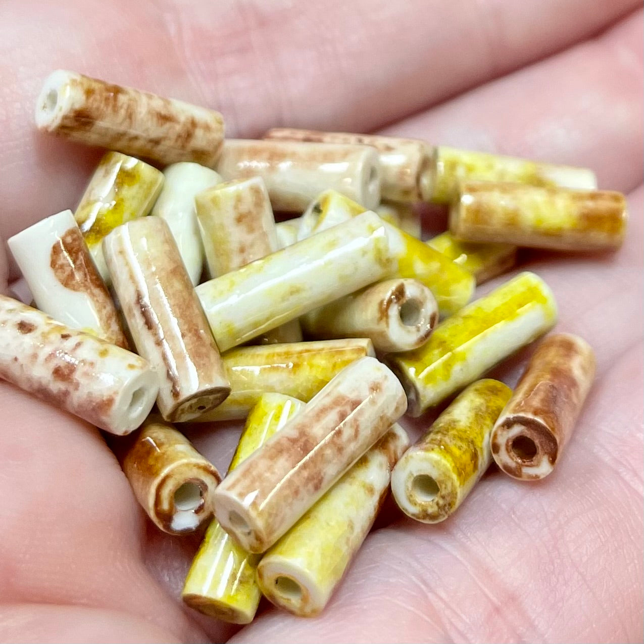 24 Vintage Marbled Japan Cylindrical Porcelain Beads