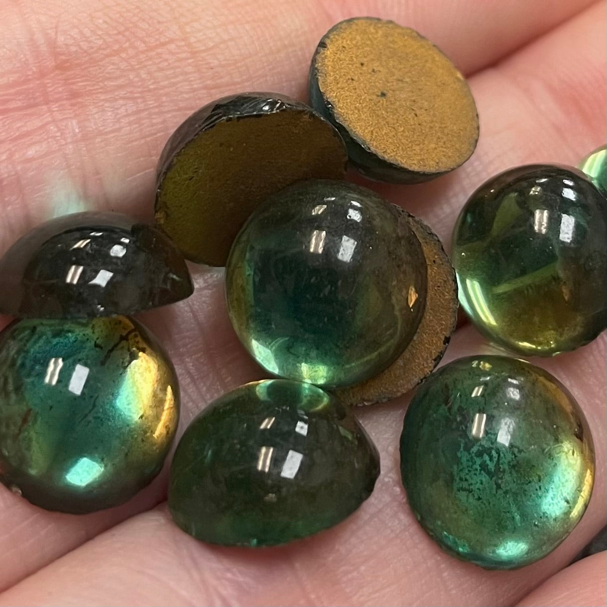 10 Vintage Green Emerald Topaz German Round Glass Cabochons