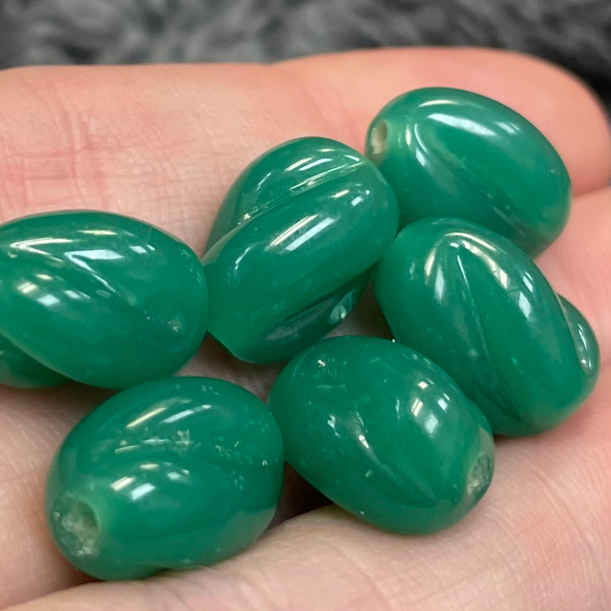 6 Vintage Opal Green Jade Japan Oval Twist Glass Beads