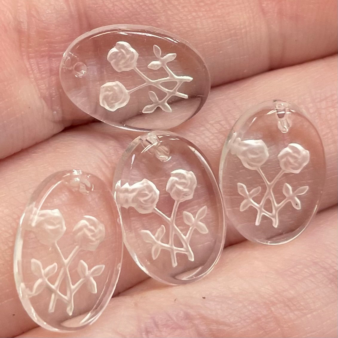 4 Vintage Clear Intaglio Floral Oval Glass Charms