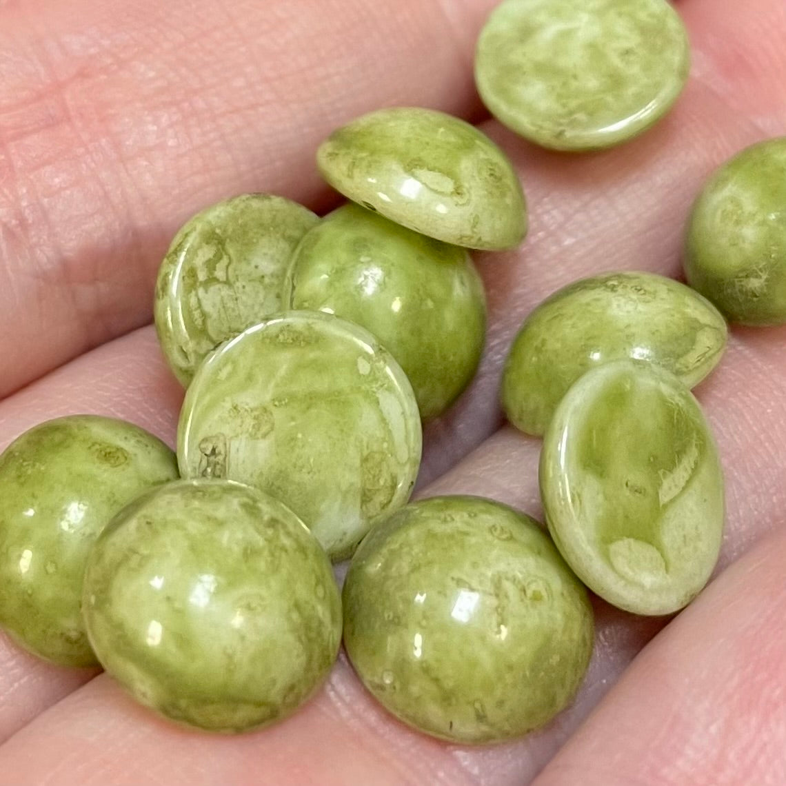12 Vintage Green Olive Picasso Czech Round Glass Cabochons