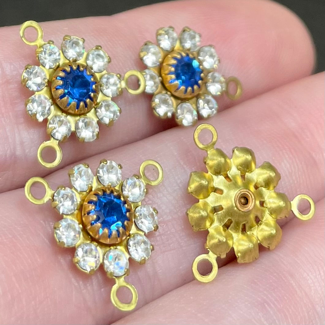 4 Vintage Brass Clear Blue Swarovski Flower Charm Connectors